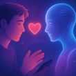 Illustration showing a digital chatbot forming a fake emotional connection with a human.