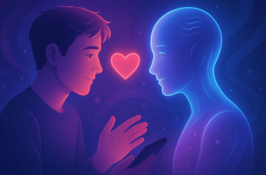 Illustration showing a digital chatbot forming a fake emotional connection with a human.