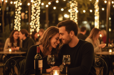 Couple smiling and talking over coffee on their first date