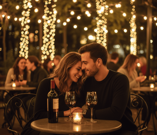 Couple smiling and talking over coffee on their first date