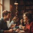 Couple smiling and talking over coffee discussing relationship questions