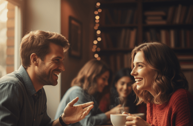 Couple smiling and talking over coffee discussing relationship questions