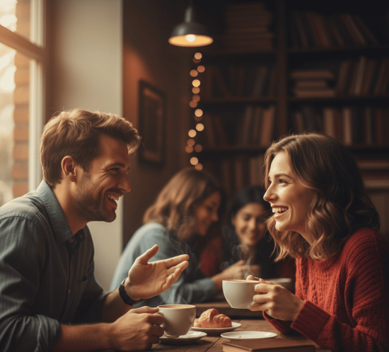 Couple smiling and talking over coffee discussing relationship questions