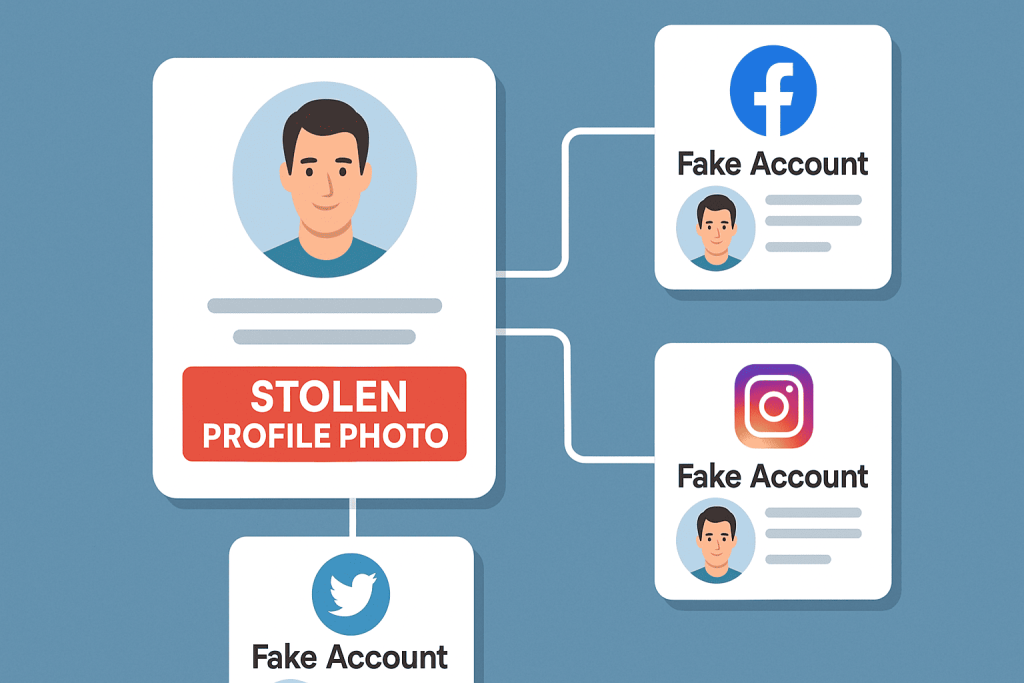 visualization of scammers creating fake profiles using stolen photos
