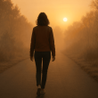Woman walking away from a toxic relationship towards sunlight
