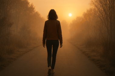 Woman walking away from a toxic relationship towards sunlight