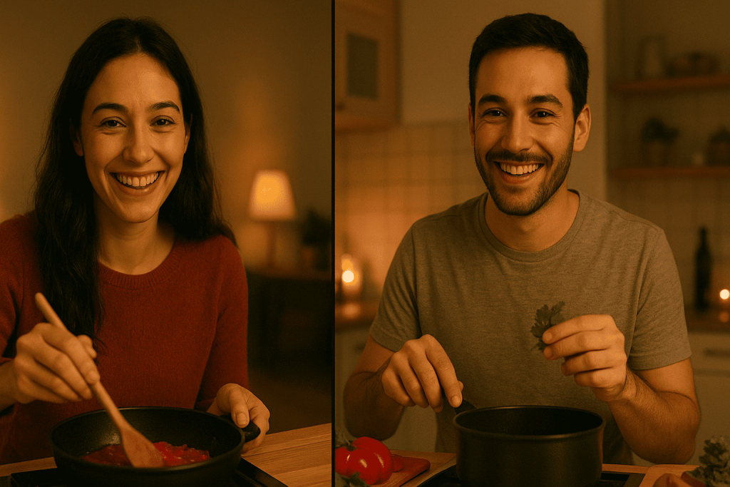 Couple cooking the same meal on video call as a virtual date