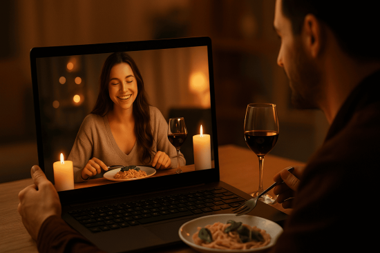 Couple smiling on video call while having a virtual dinner date