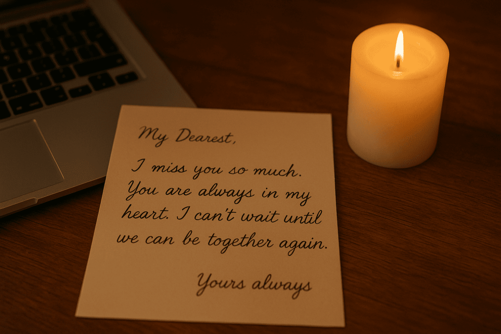 A handwritten love letter with a laptop and heart-shaped decor