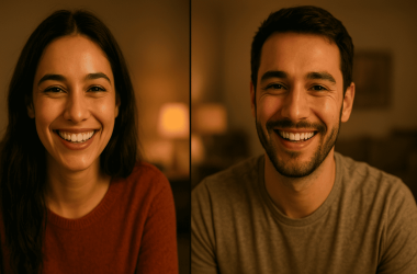 Couple video chatting and smiling during a long distance call