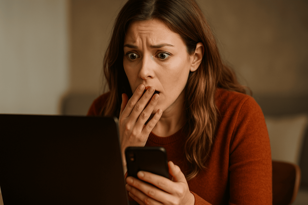 Person realizing they were tricked by fake dating photos