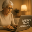 Senior woman using a laptop while learning how to avoid romance fraud