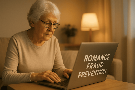 Senior woman using a laptop while learning how to avoid romance fraud