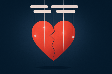 Illustration of emotional manipulation during romance fraud showing a heart connected to digital strings.