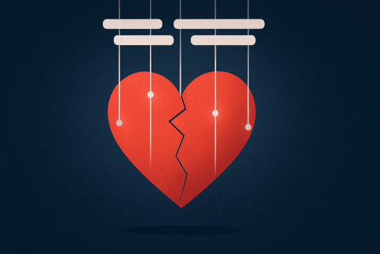 Illustration of emotional manipulation during romance fraud showing a heart connected to digital strings.