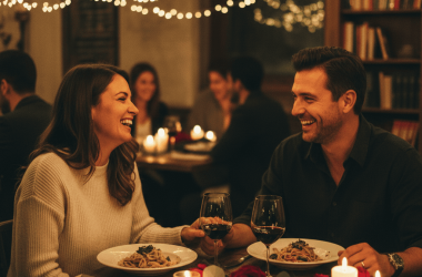 Happy couple laughing and talking during a cozy date night