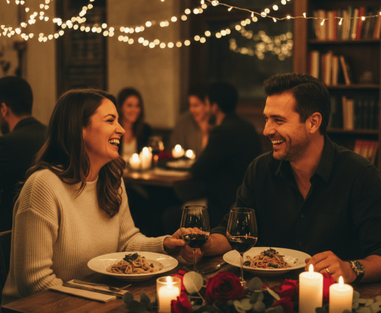 Happy couple laughing and talking during a cozy date night