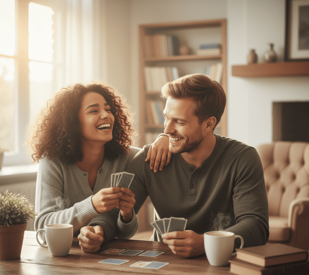 Couple laughing together while playing a relationship question game