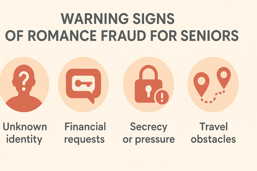 Visual checklist of romance fraud warning signs for seniors
