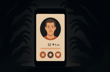 Shadowy figure on a dating app screen warning of romance scam