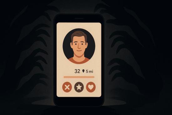 Shadowy figure on a dating app screen warning of romance scam