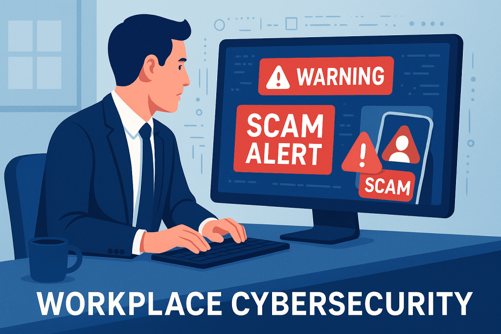 Illustration showing professionals under risk of scams in workplace.