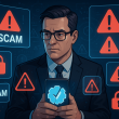 Illustration showing scammers targeting modern professionals through digital devices.