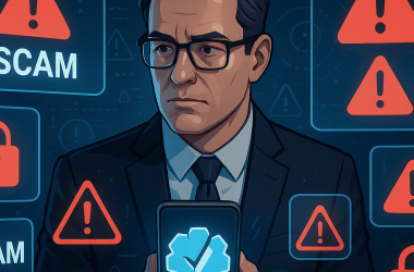 Illustration showing scammers targeting modern professionals through digital devices.
