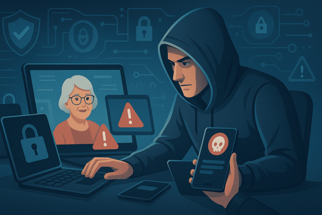Illustration of scammers using technology to target seniors online