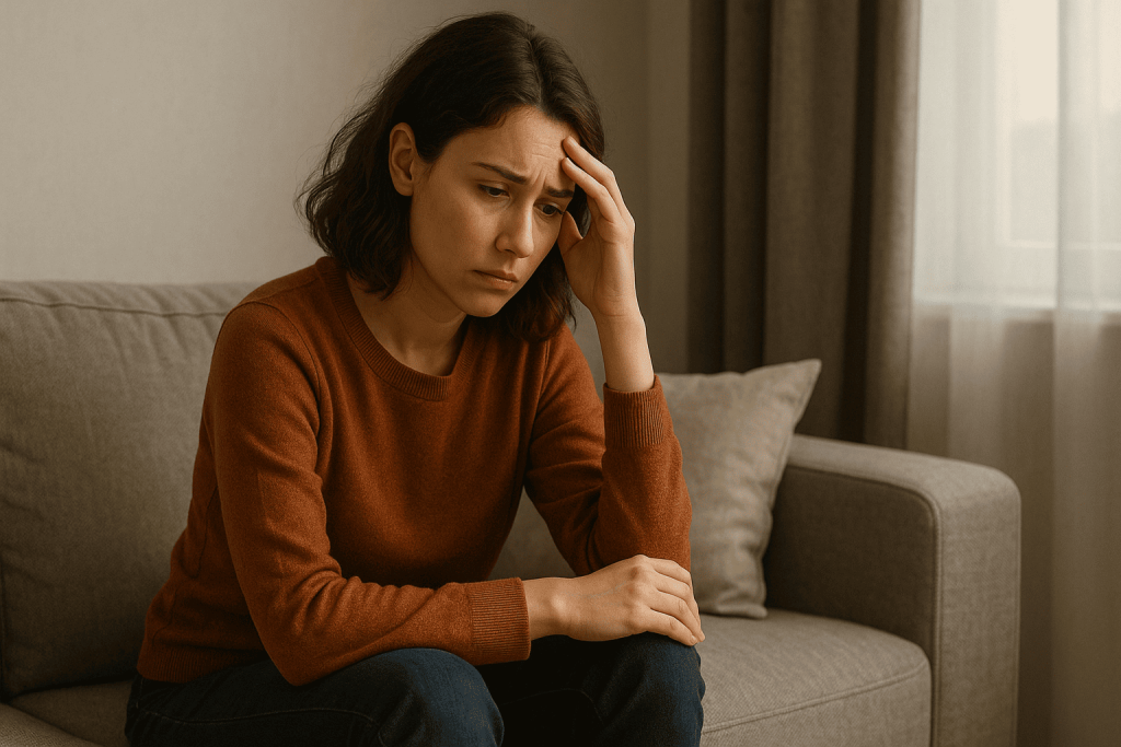 Person sitting alone looking sad and thoughtful