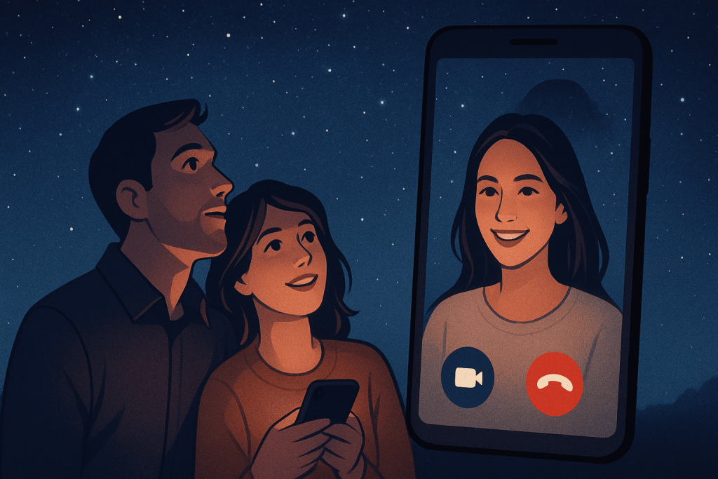 Couple stargazing on video call using mobile app