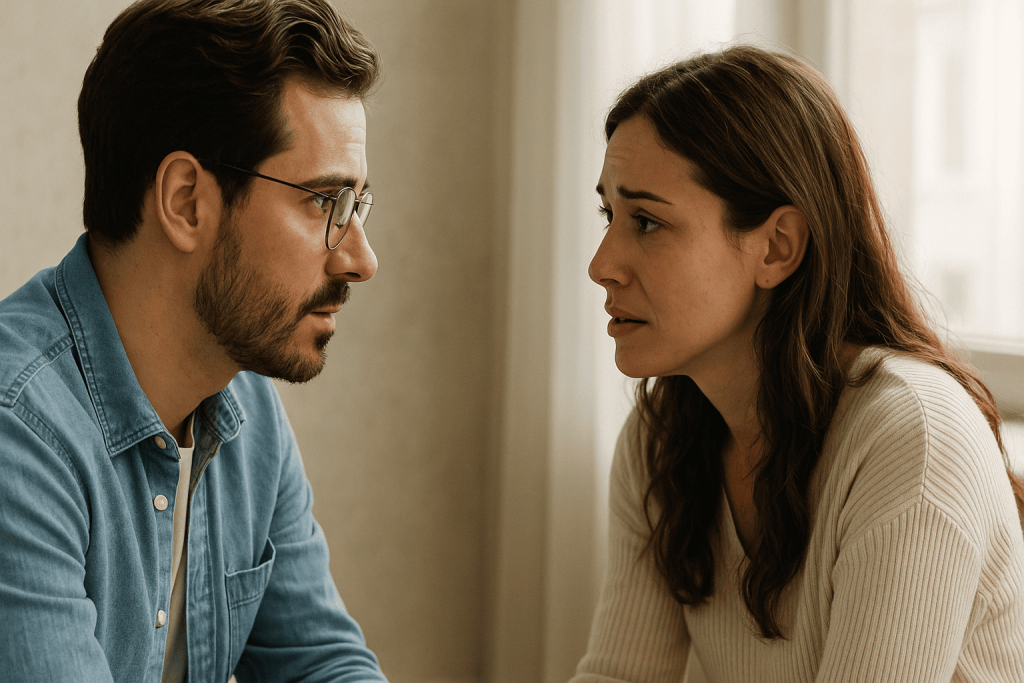 Couple talking calmly while drinking coffee together