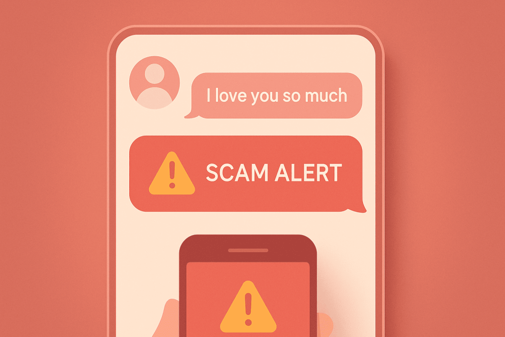 Valentine’s romance scam concept with online chat and warning signs