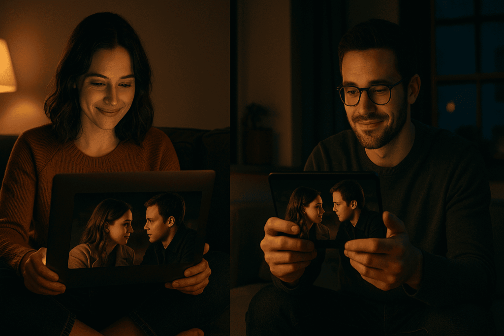 Two people watching a movie together on laptops from different locations