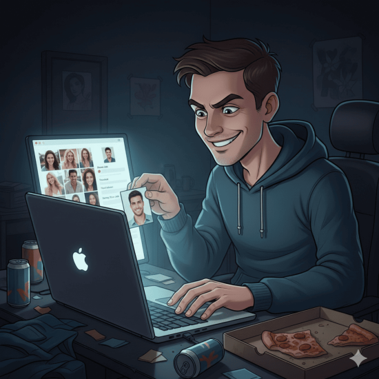 Scammer creating a fake online profile on a laptop