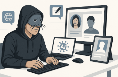 Illustration showing modern catfish using technology to fake identities