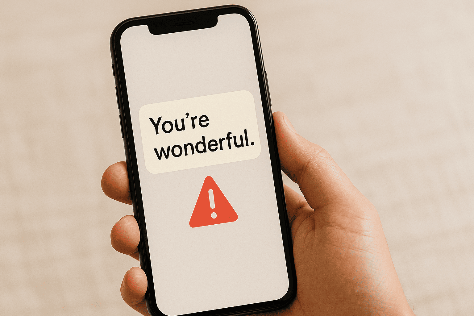 Smartphone screen showing a flattering message with a red warning sign