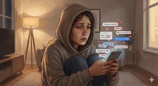 Illustration showing online love bombing through intense digital messages