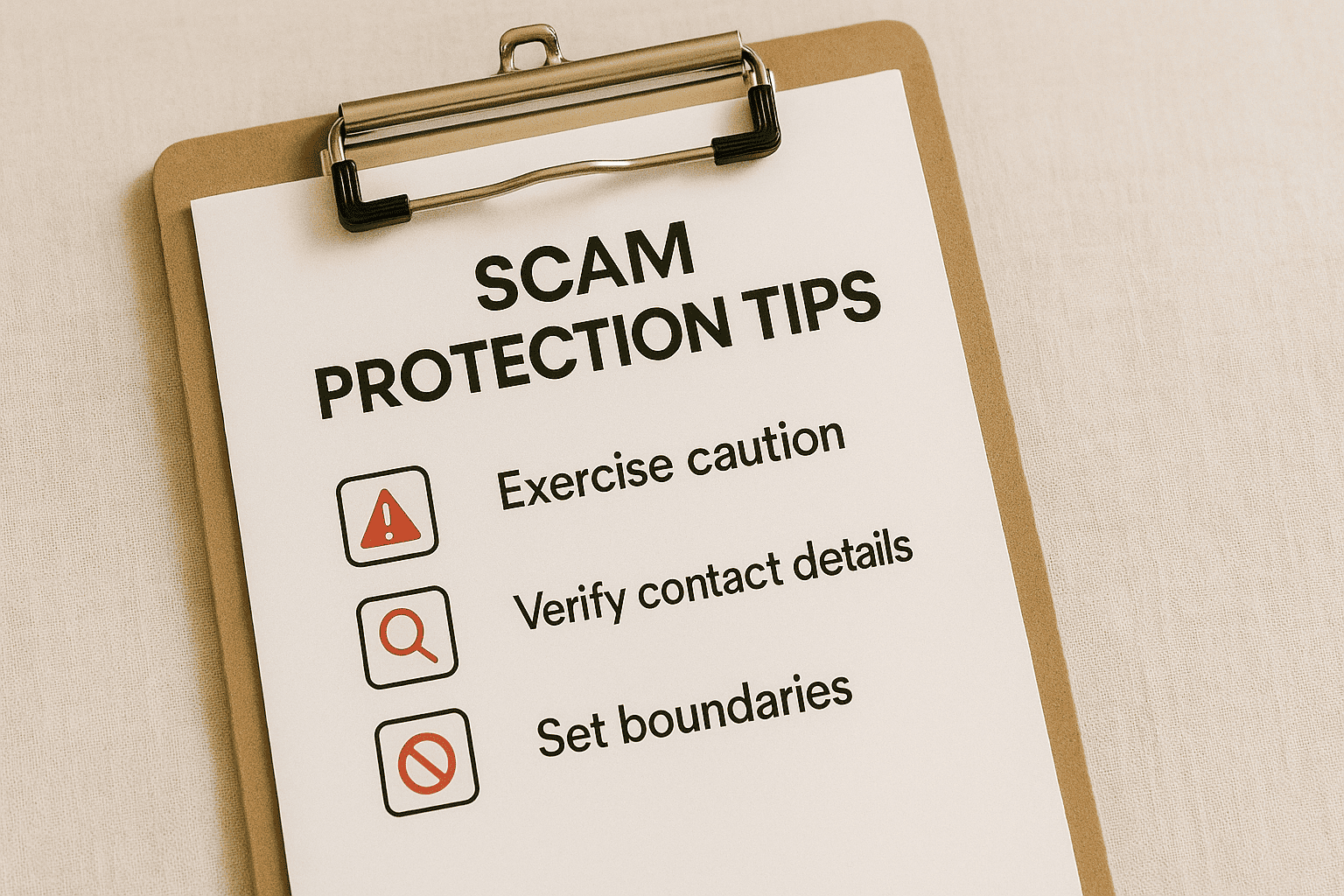  A checklist of scam protection tips on a clipboard