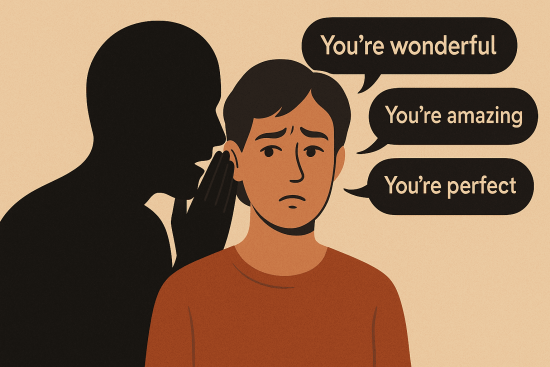 A shadowy figure whispering flattering words to a worried person