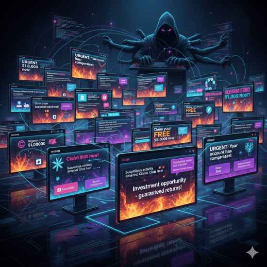 A digital illustration showing repeated scam messages appearing on multiple screens