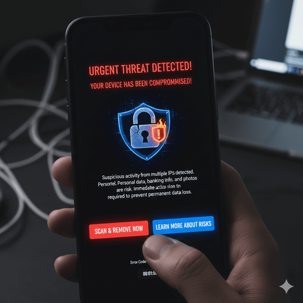 Smartphone displaying urgent scam warning message