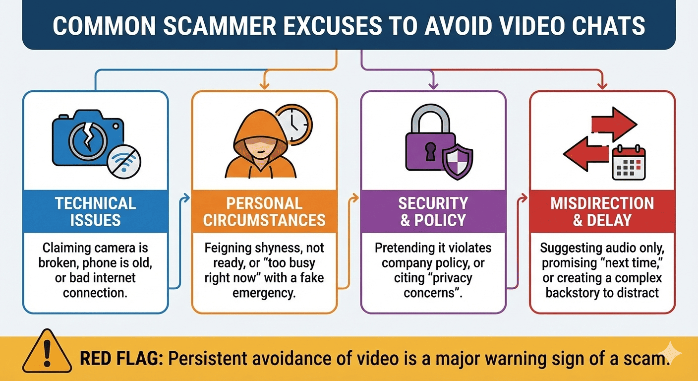 Red flags when scammers avoid video chats